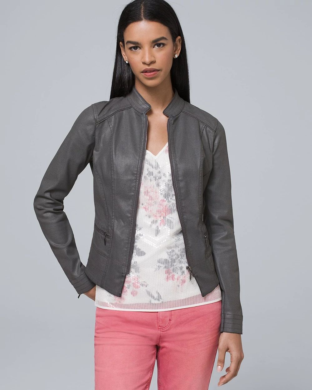 White house black market coated moto jacket top